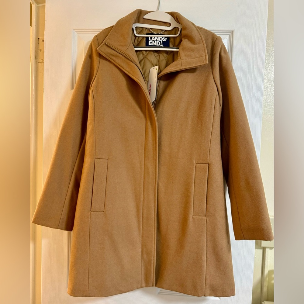 NEW 🔥Lands' End Womens Coat Size 8 Beige Wool Blend Quilted Primaloft Insulated